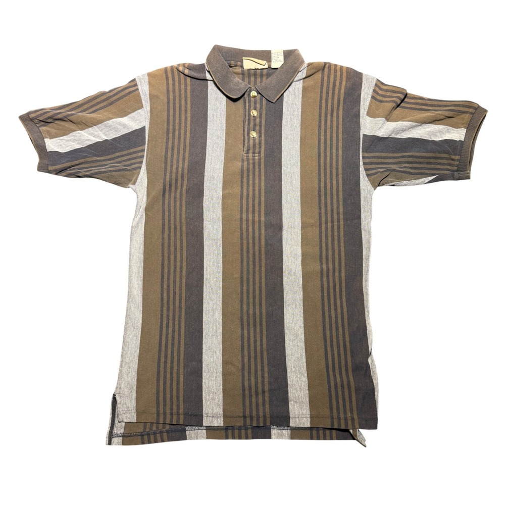 Vintage Stripe Polo Shirt Brown Grey Mens Medium Short Sleeve Cotton